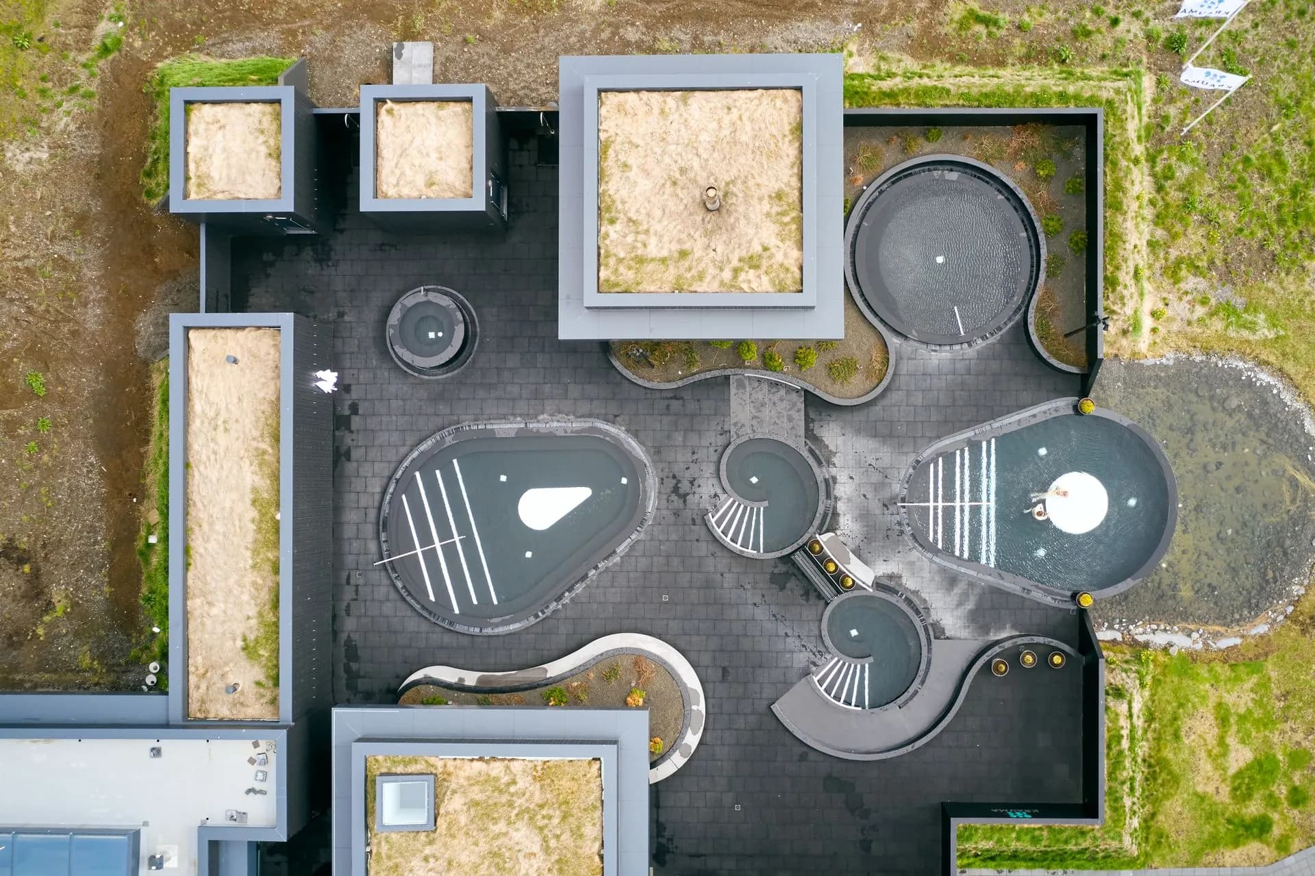 Top-down aerial view of Krauma’s pools