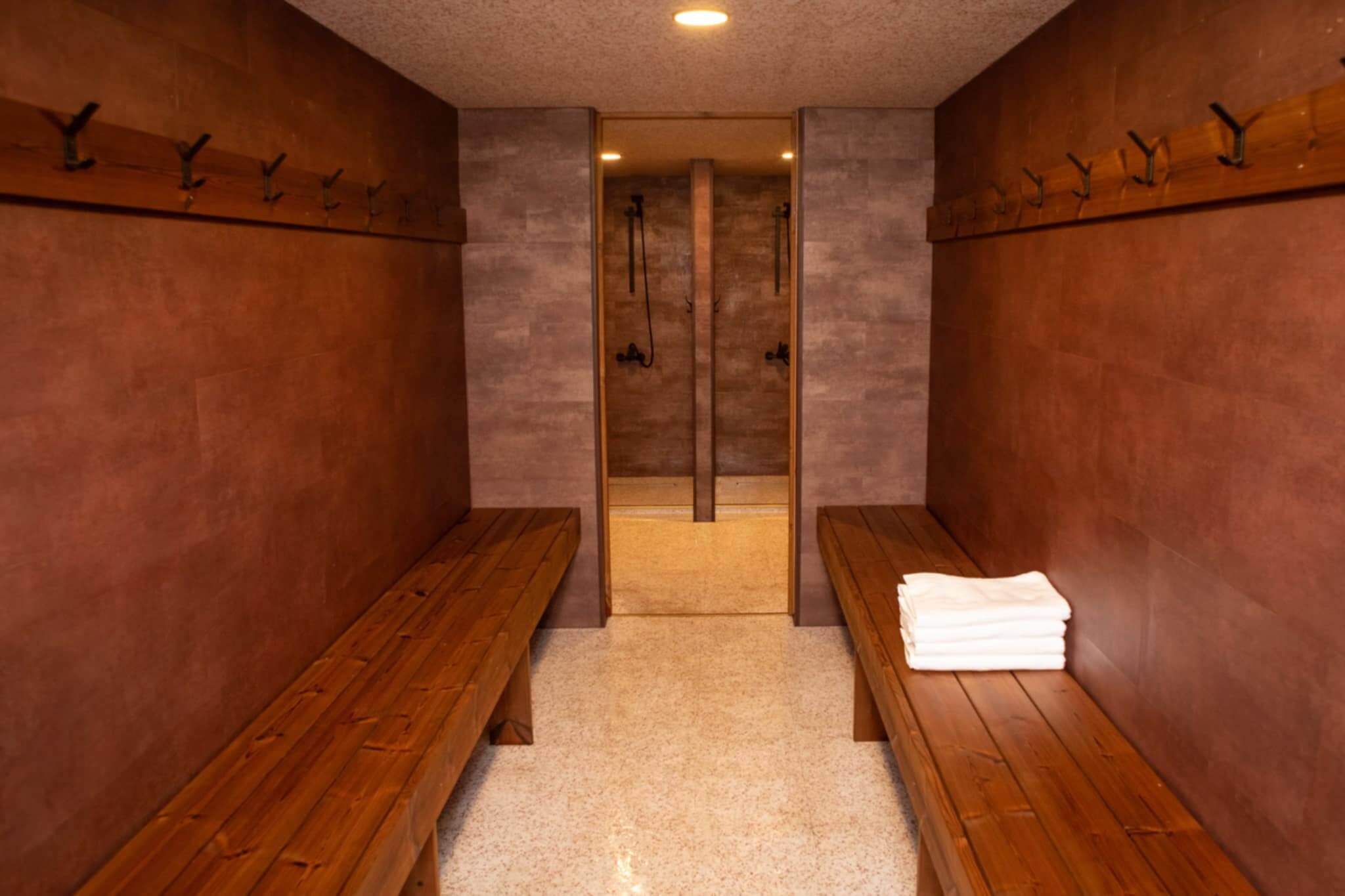 Timber-clad sauna interior with benches